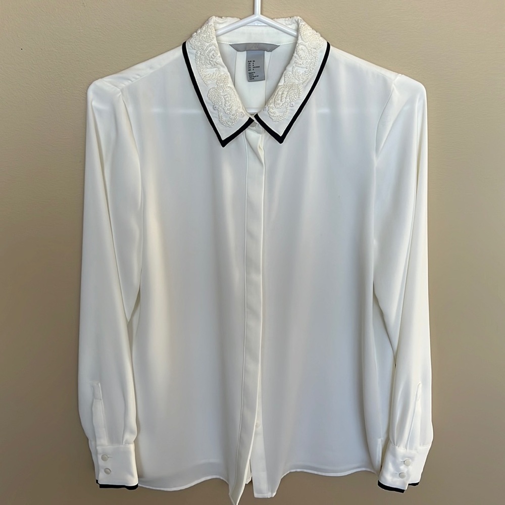 Ivory H&M Blouse with Black Piping and Embroidered Collar Detail